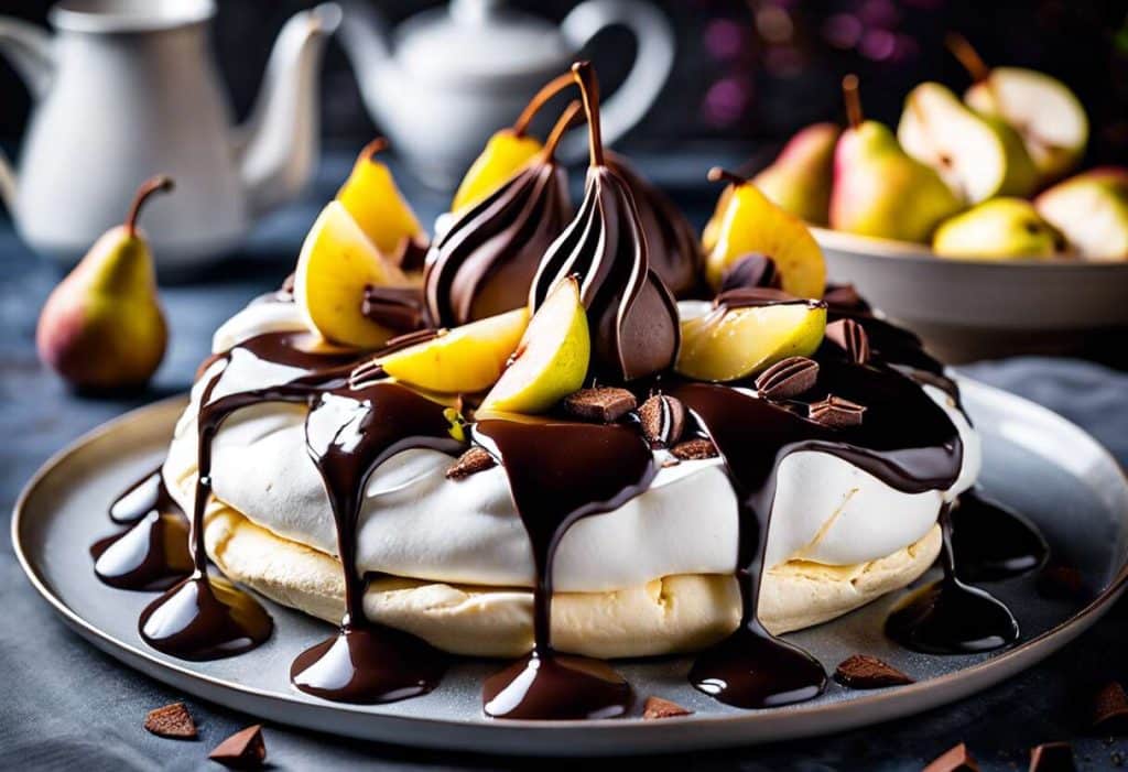 Recette Pavlova poire-chocolat dessert aérien gourmand